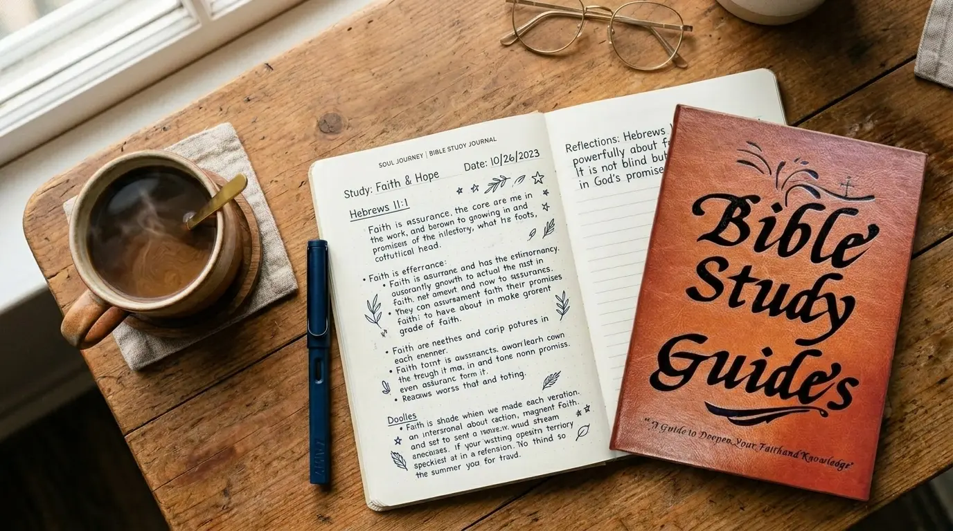 Bible study guide on desk with Bible