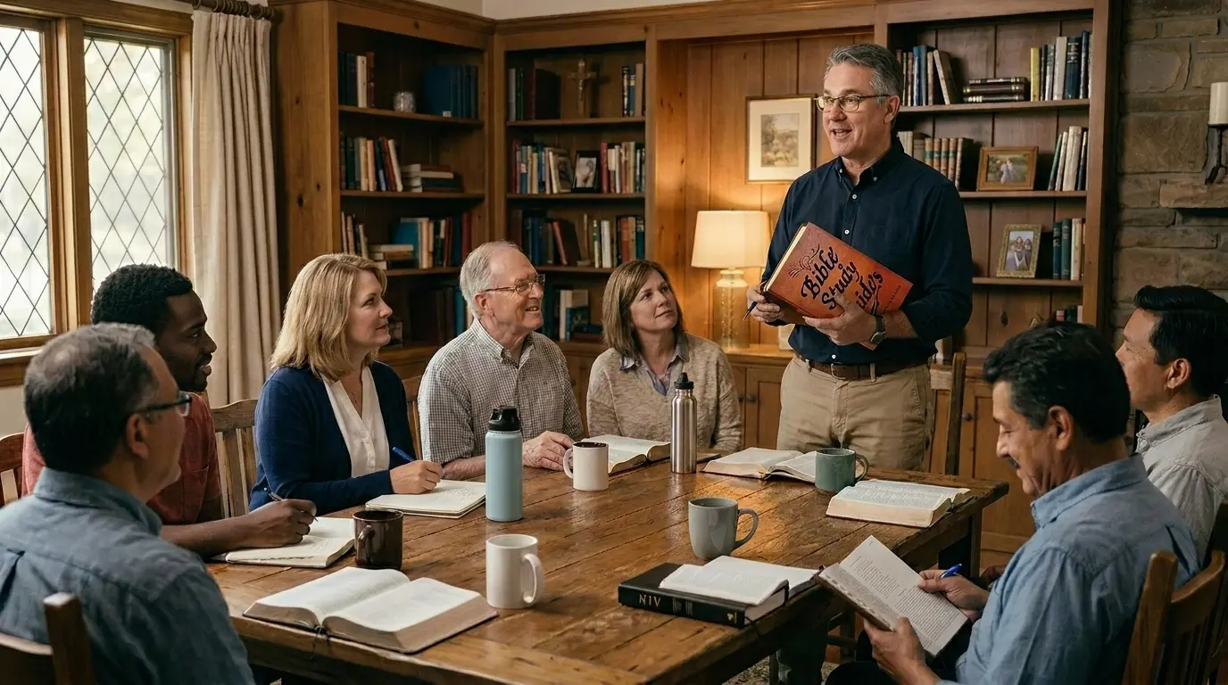 Pastor leading Bible study group around a table
