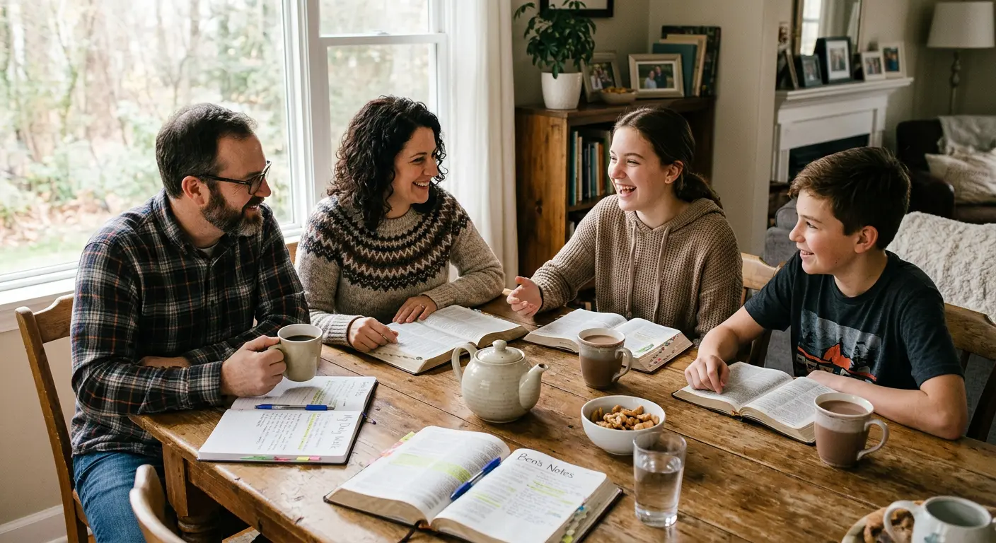 Family studying Bible together